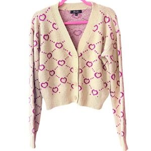 Witty‎ Fox Pink Heart Jacquard Knit Cardigan Sweater Tan V-Neck Womens Medium